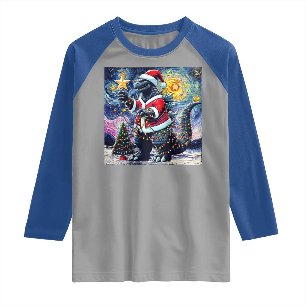Funny Christmas Santa Godzilla Japanese Monster Starry Night Raglan Shirt - Wonder Print Shop