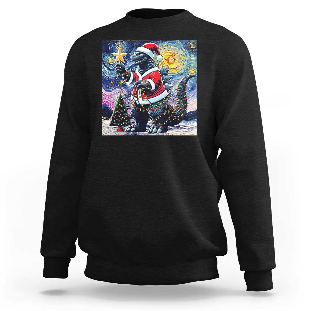 Funny Christmas Santa Godzilla Japanese Monster Starry Night Sweatshirt - Wonder Print Shop