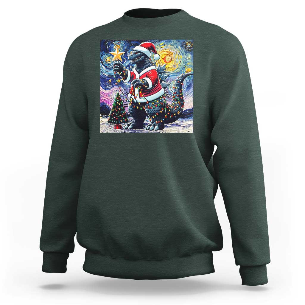 Funny Christmas Santa Godzilla Japanese Monster Starry Night Sweatshirt - Wonder Print Shop
