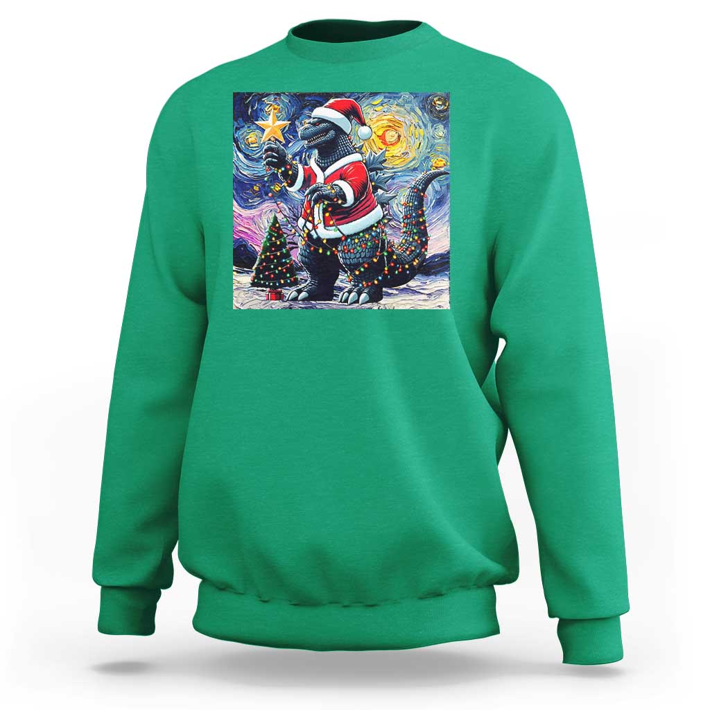 Funny Christmas Santa Godzilla Japanese Monster Starry Night Sweatshirt - Wonder Print Shop