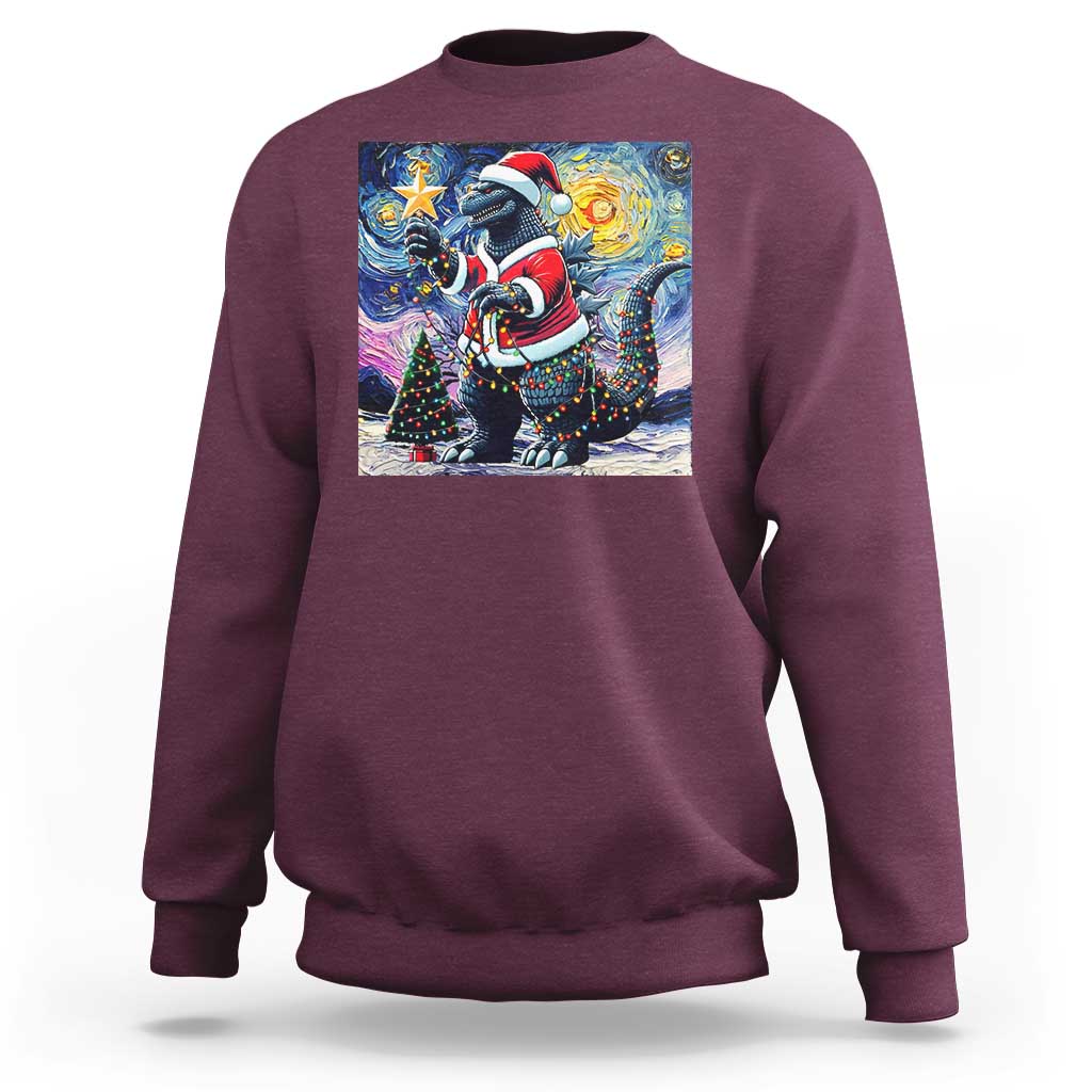 Funny Christmas Santa Godzilla Japanese Monster Starry Night Sweatshirt - Wonder Print Shop