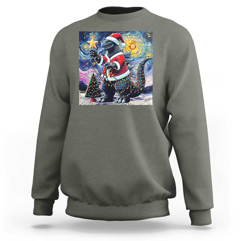Funny Christmas Santa Godzilla Japanese Monster Starry Night Sweatshirt - Wonder Print Shop