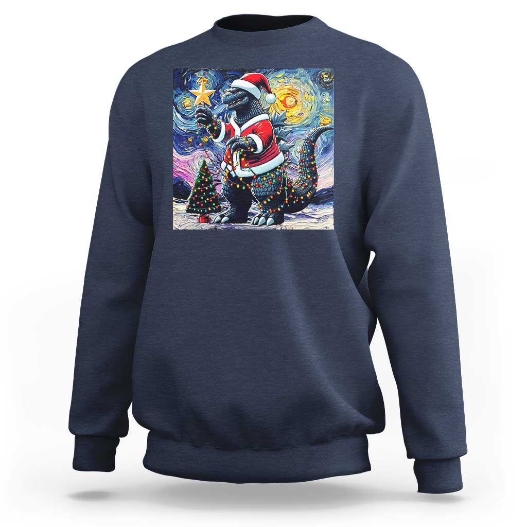 Funny Christmas Santa Godzilla Japanese Monster Starry Night Sweatshirt - Wonder Print Shop