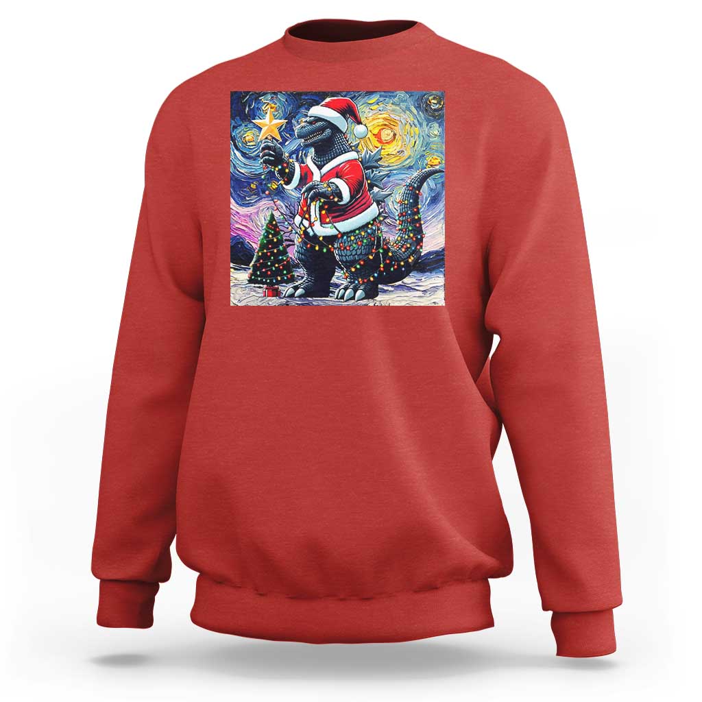 Funny Christmas Santa Godzilla Japanese Monster Starry Night Sweatshirt - Wonder Print Shop