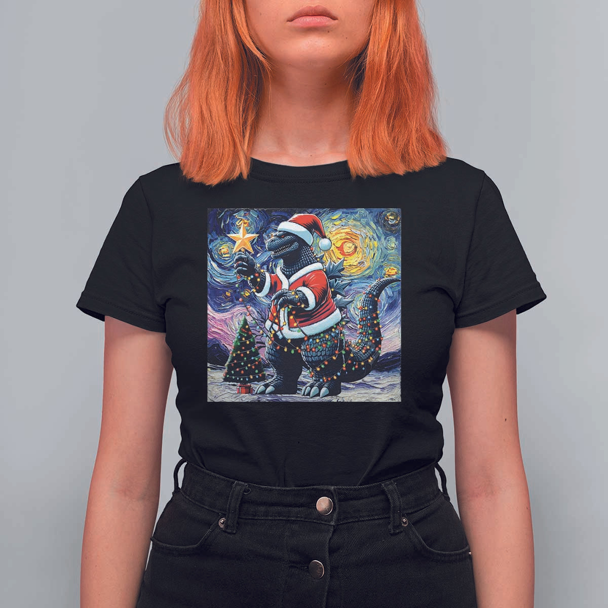 Funny Christmas Santa Godzilla Japanese Monster Starry Night T Shirt For Women - Wonder Print Shop
