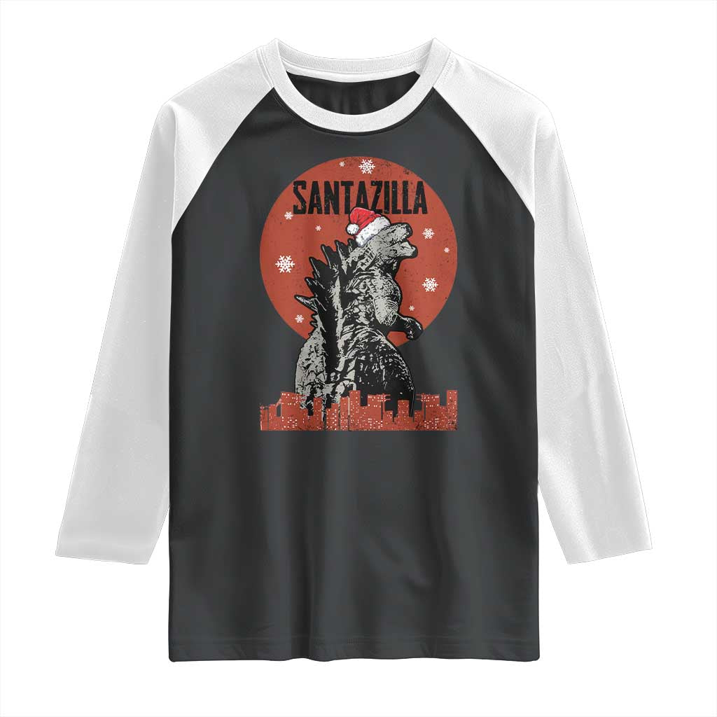 Funny Christmas Santa Godzilla Raglan Shirt Santazilla Japanese Monster - Wonder Print Shop