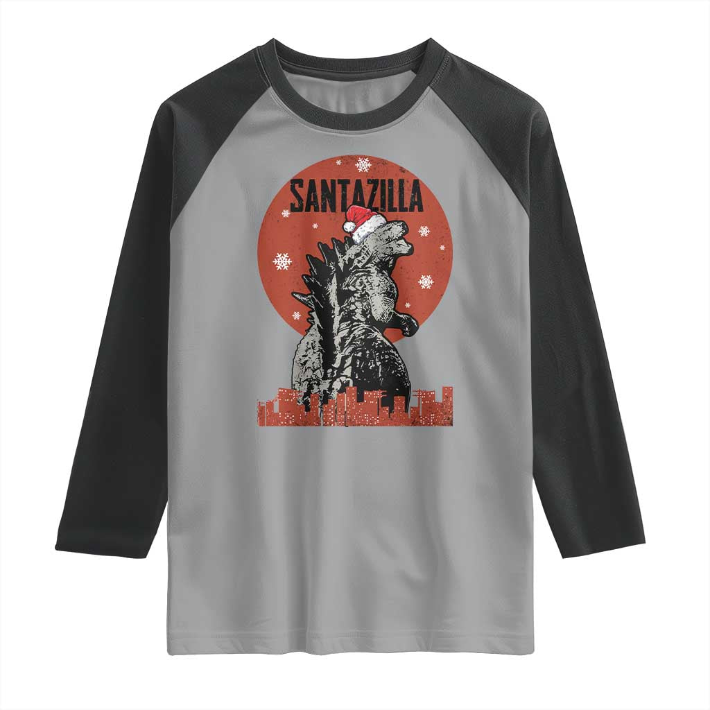Funny Christmas Santa Godzilla Raglan Shirt Santazilla Japanese Monster - Wonder Print Shop