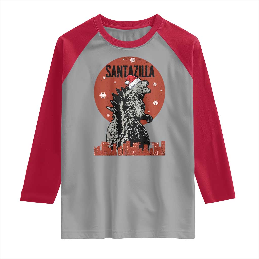 Funny Christmas Santa Godzilla Raglan Shirt Santazilla Japanese Monster - Wonder Print Shop