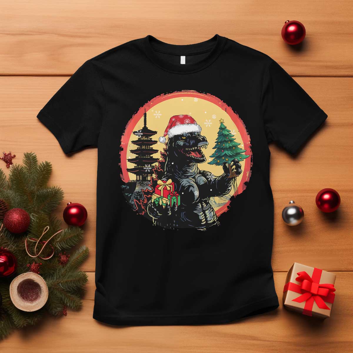 Funny Christmas Santa Godzilla Japanese Monster T Shirt - Wonder Print Shop