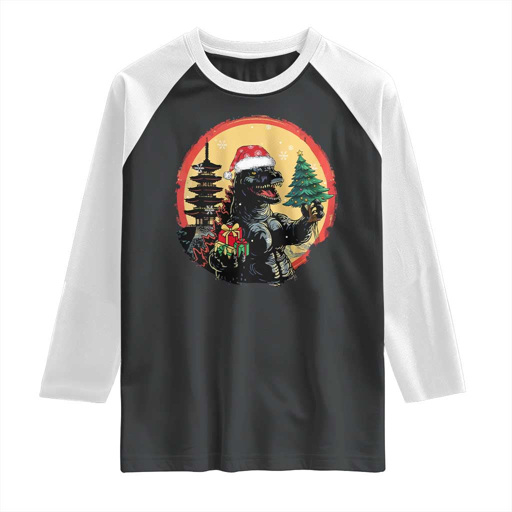 Funny Christmas Santa Godzilla Japanese Monster Raglan Shirt - Wonder Print Shop