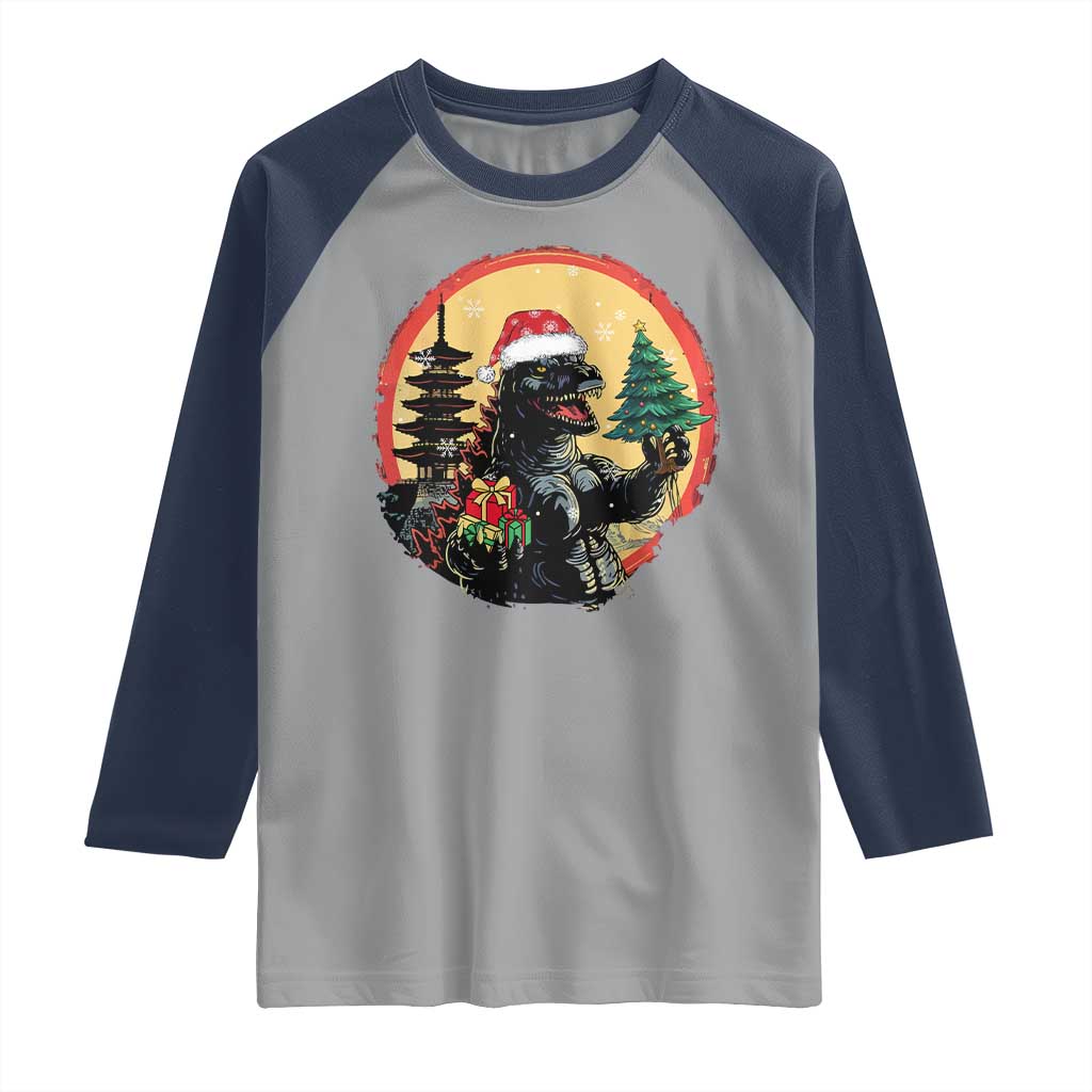 Funny Christmas Santa Godzilla Japanese Monster Raglan Shirt - Wonder Print Shop