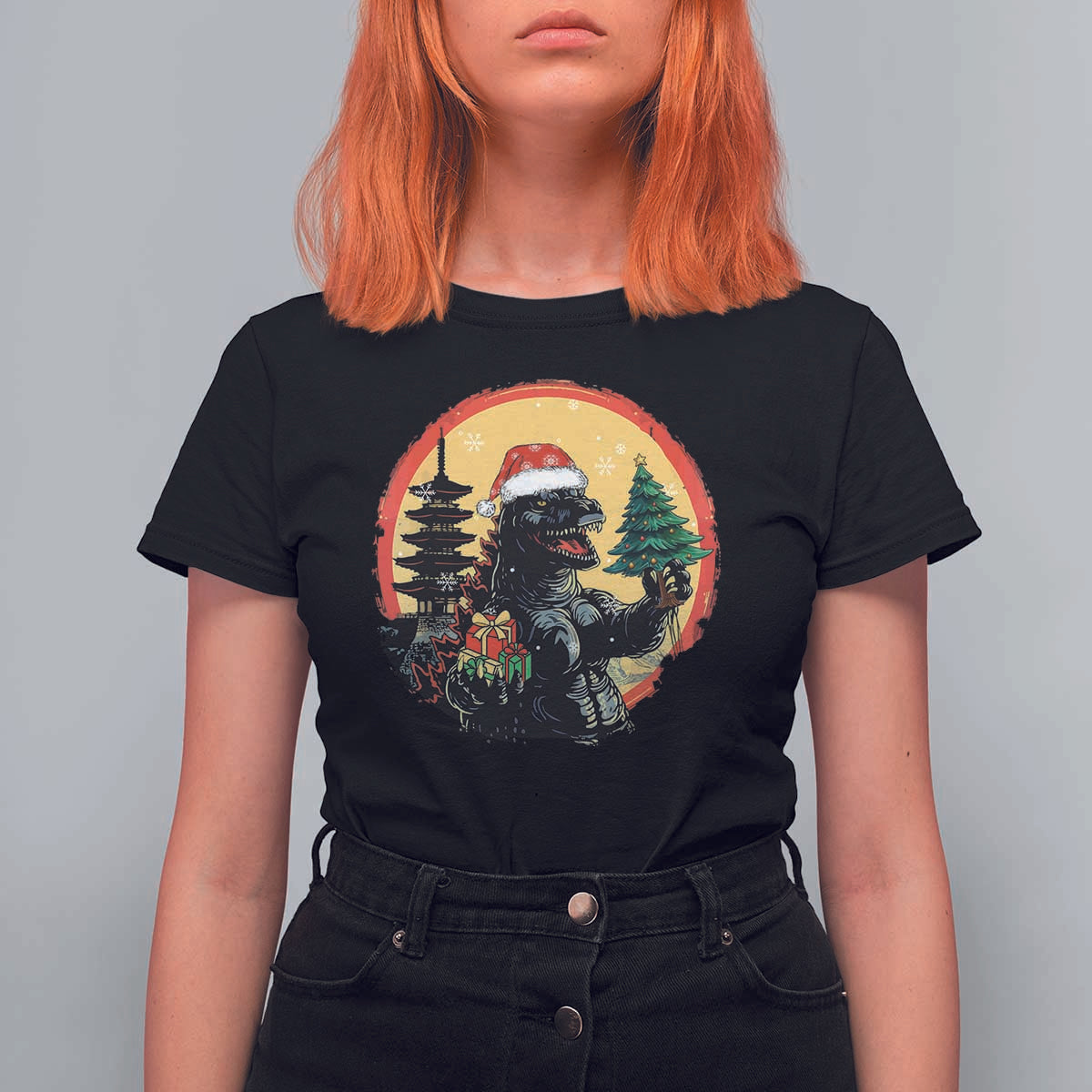 Funny Christmas Santa Godzilla Japanese Monster T Shirt For Women - Wonder Print Shop