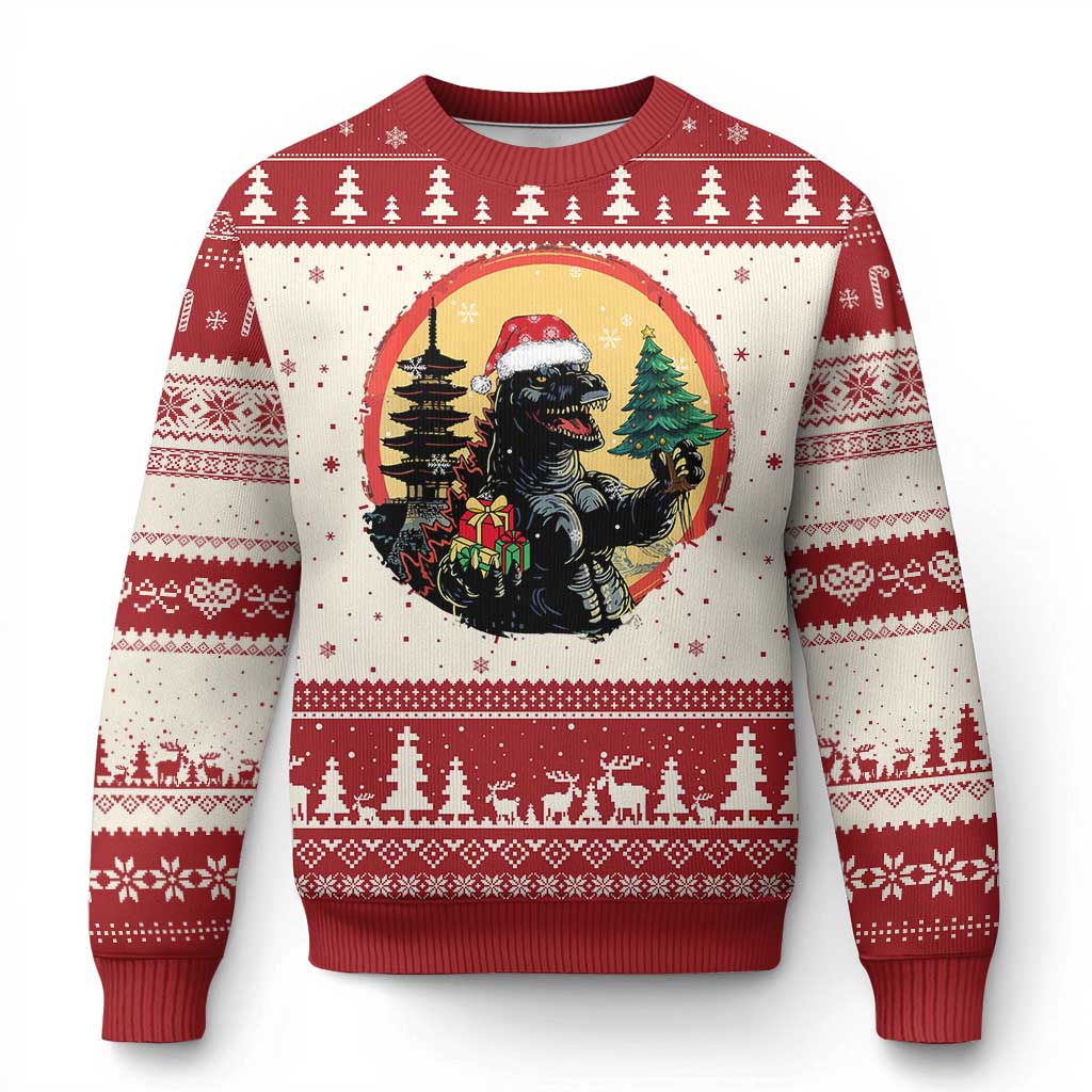 Funny Xmas Santa Godzilla Japanese Monster Ugly Christmas Sweater - Wonder Print Shop