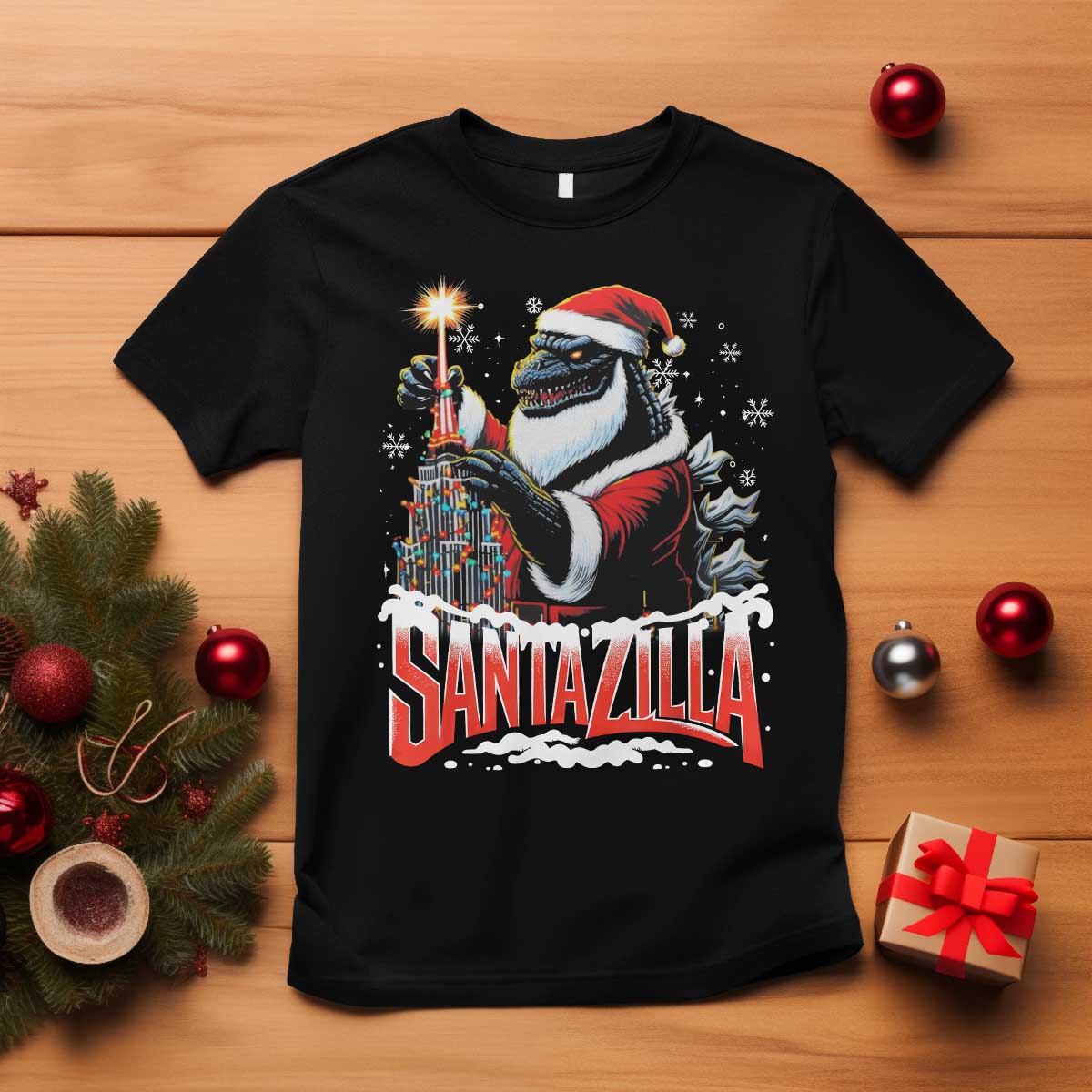 Funny Christmas Santa Godzilla T Shirt Santazilla Tower Xmas Tree - Wonder Print Shop