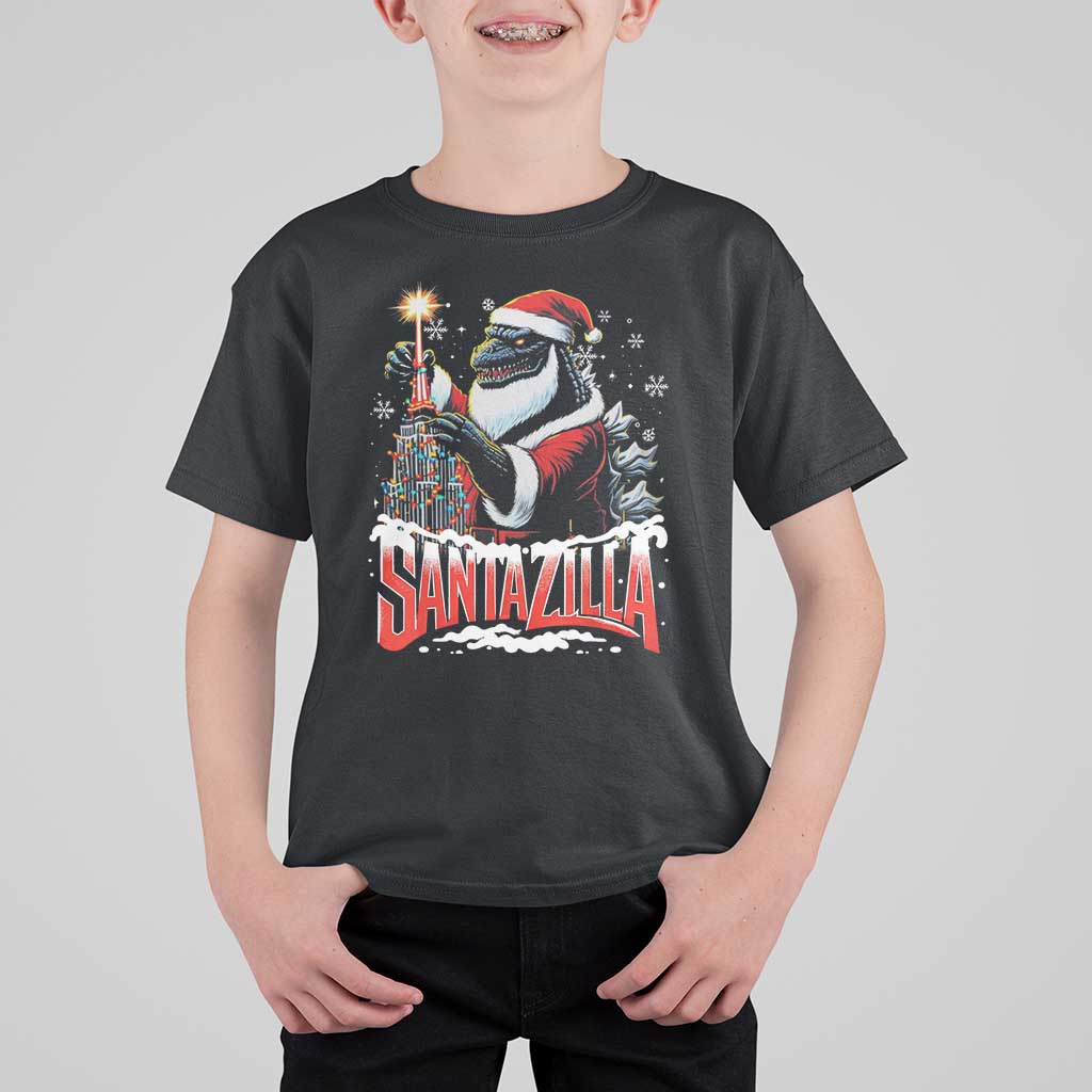 Funny Christmas Santa Godzilla T Shirt For Kid Santazilla Tower Xmas Tree - Wonder Print Shop