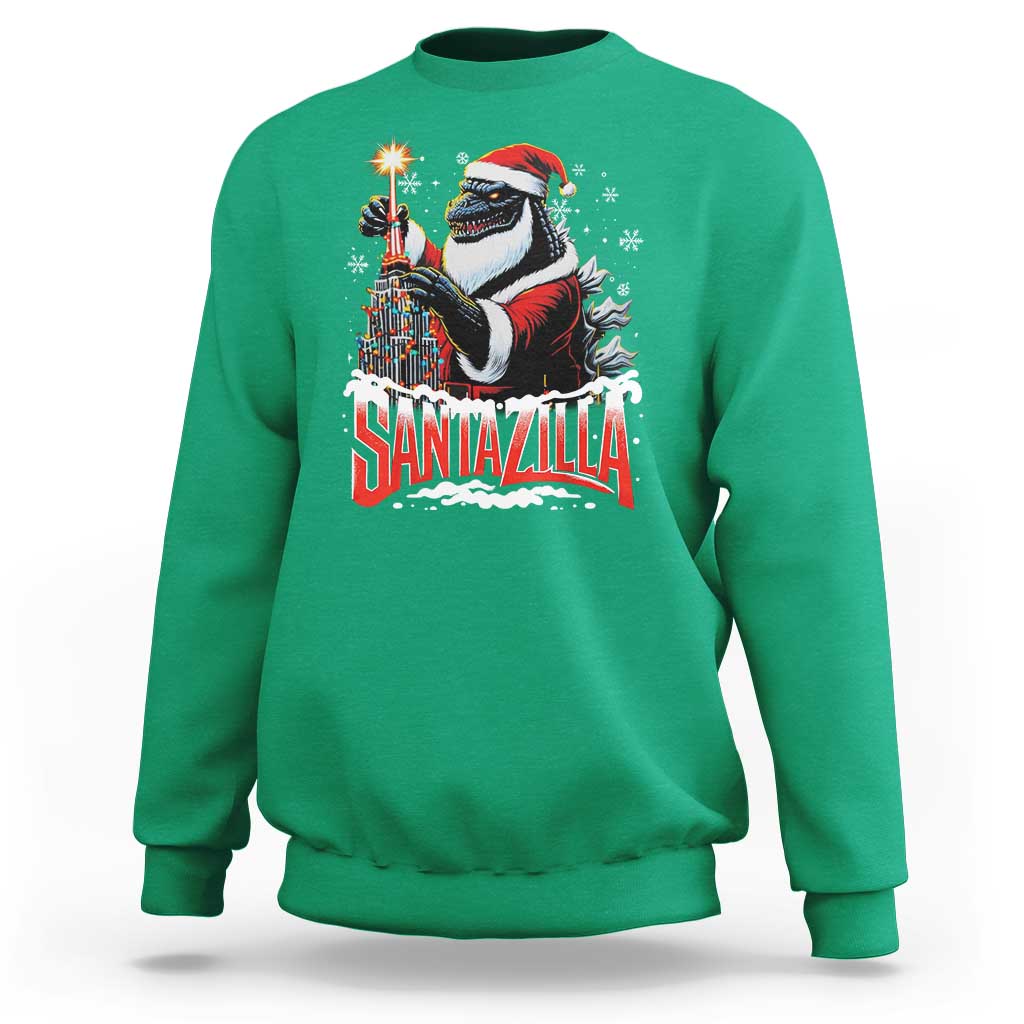 Funny Christmas Santa Godzilla Sweatshirt Santazilla Tower Xmas Tree - Wonder Print Shop