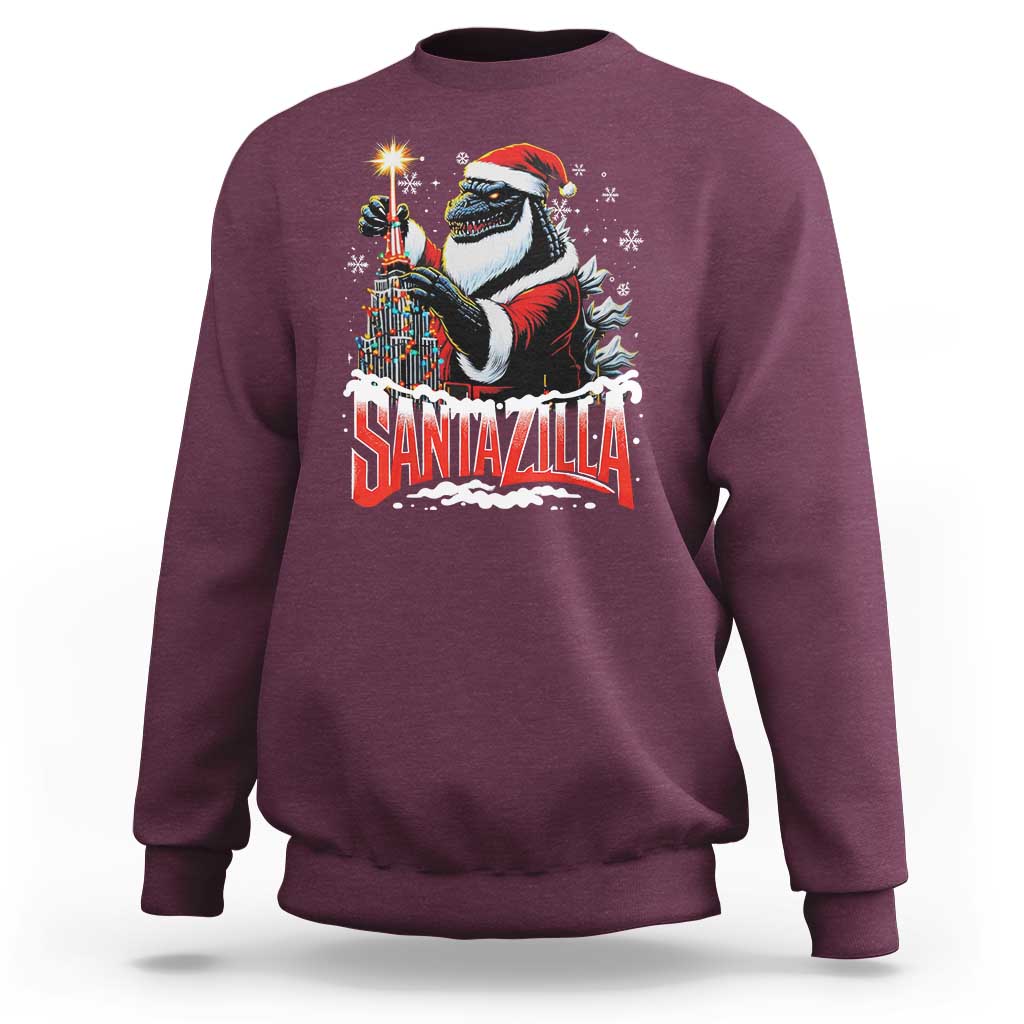 Funny Christmas Santa Godzilla Sweatshirt Santazilla Tower Xmas Tree - Wonder Print Shop