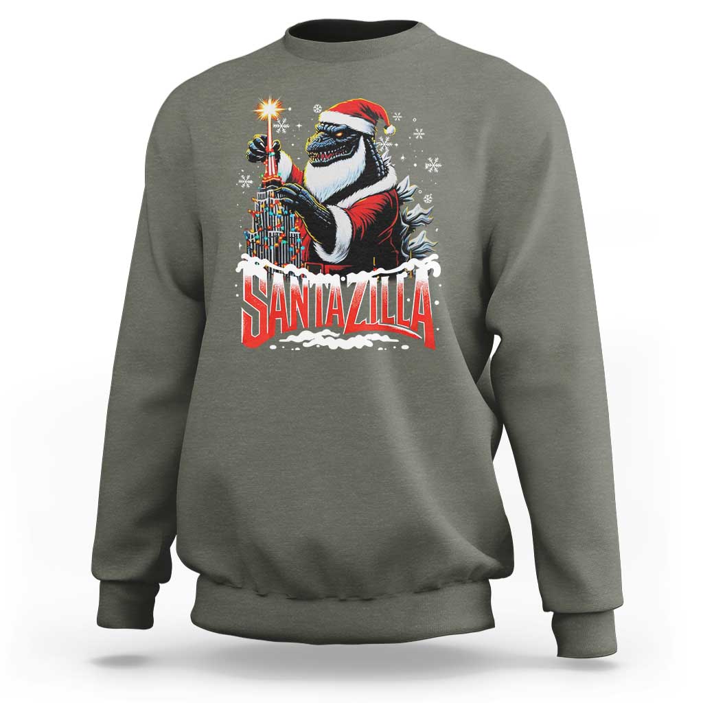 Funny Christmas Santa Godzilla Sweatshirt Santazilla Tower Xmas Tree - Wonder Print Shop