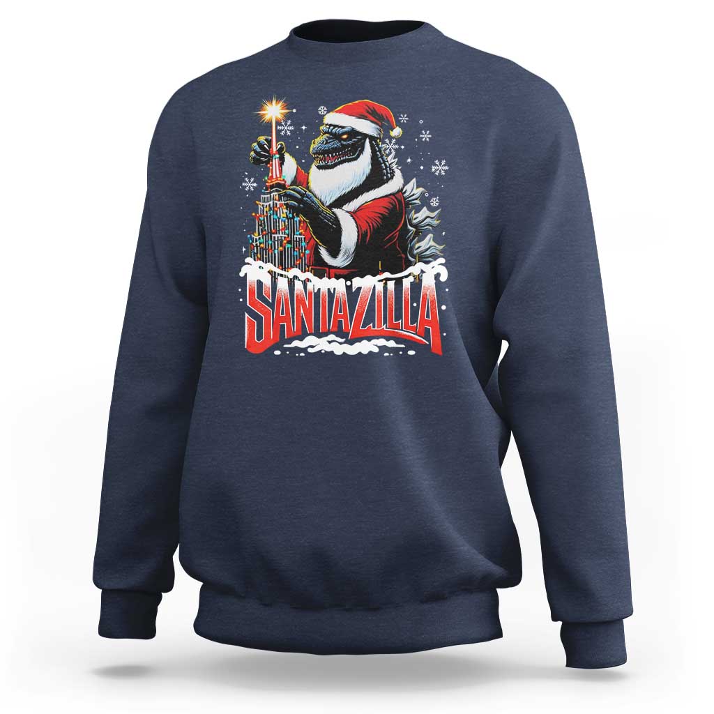 Funny Christmas Santa Godzilla Sweatshirt Santazilla Tower Xmas Tree - Wonder Print Shop