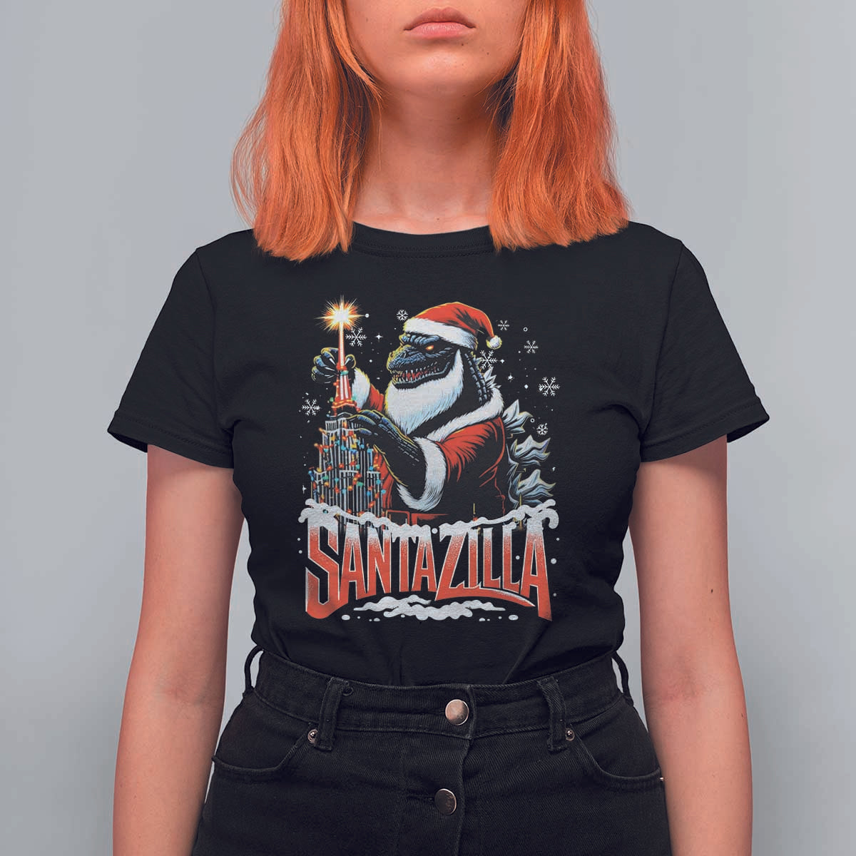 Funny Christmas Santa Godzilla T Shirt For Women Santazilla Tower Xmas Tree - Wonder Print Shop