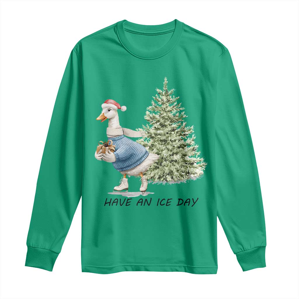 Funny Christmas Ice Skating Long Sleeve Shirt Have An Ice Day Goose Xmas Tree