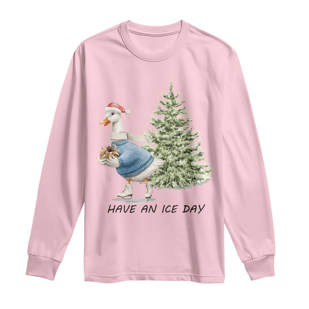 Funny Christmas Ice Skating Long Sleeve Shirt Have An Ice Day Goose Xmas Tree