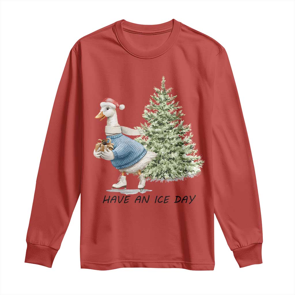Funny Christmas Ice Skating Long Sleeve Shirt Have An Ice Day Goose Xmas Tree
