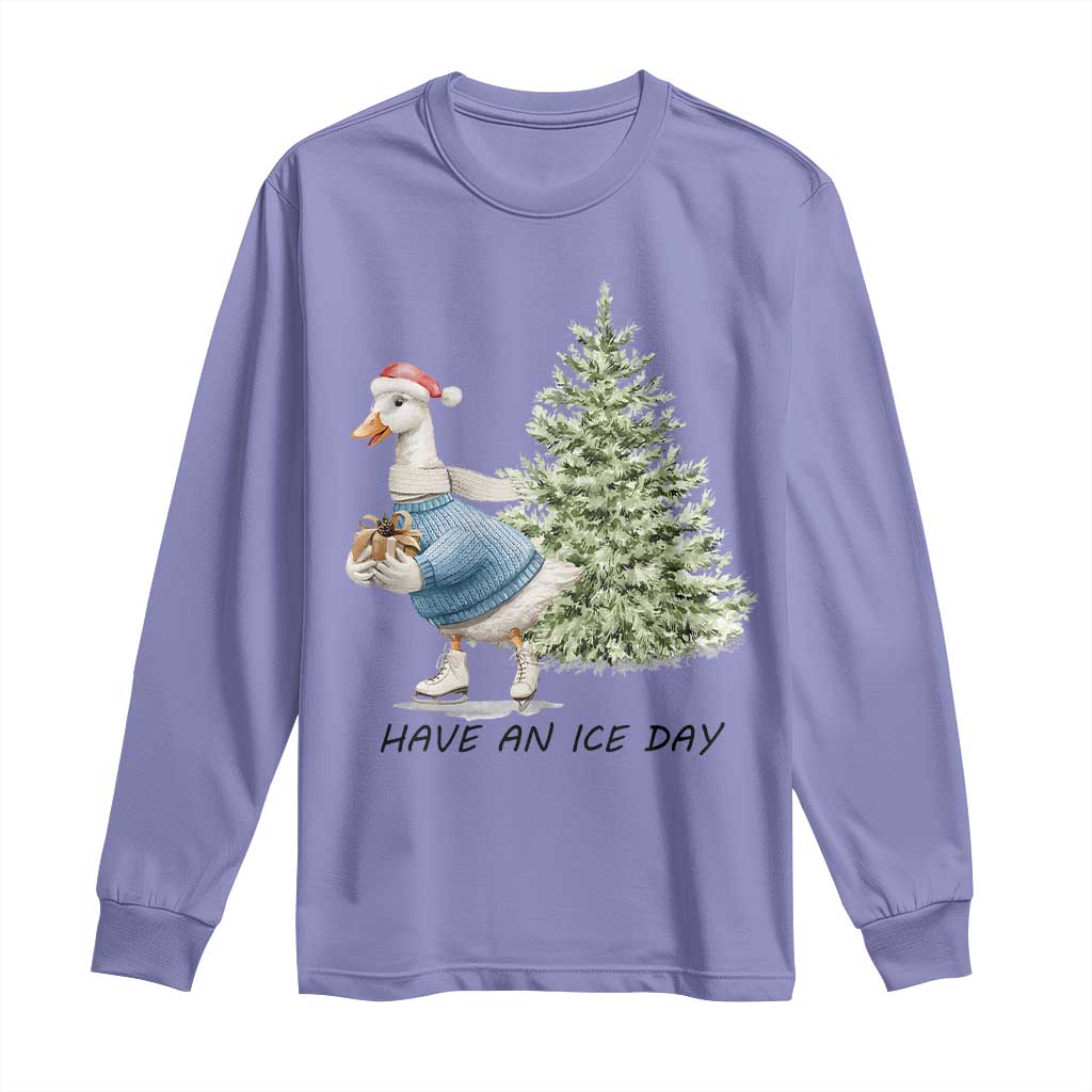 Funny Christmas Ice Skating Long Sleeve Shirt Have An Ice Day Goose Xmas Tree