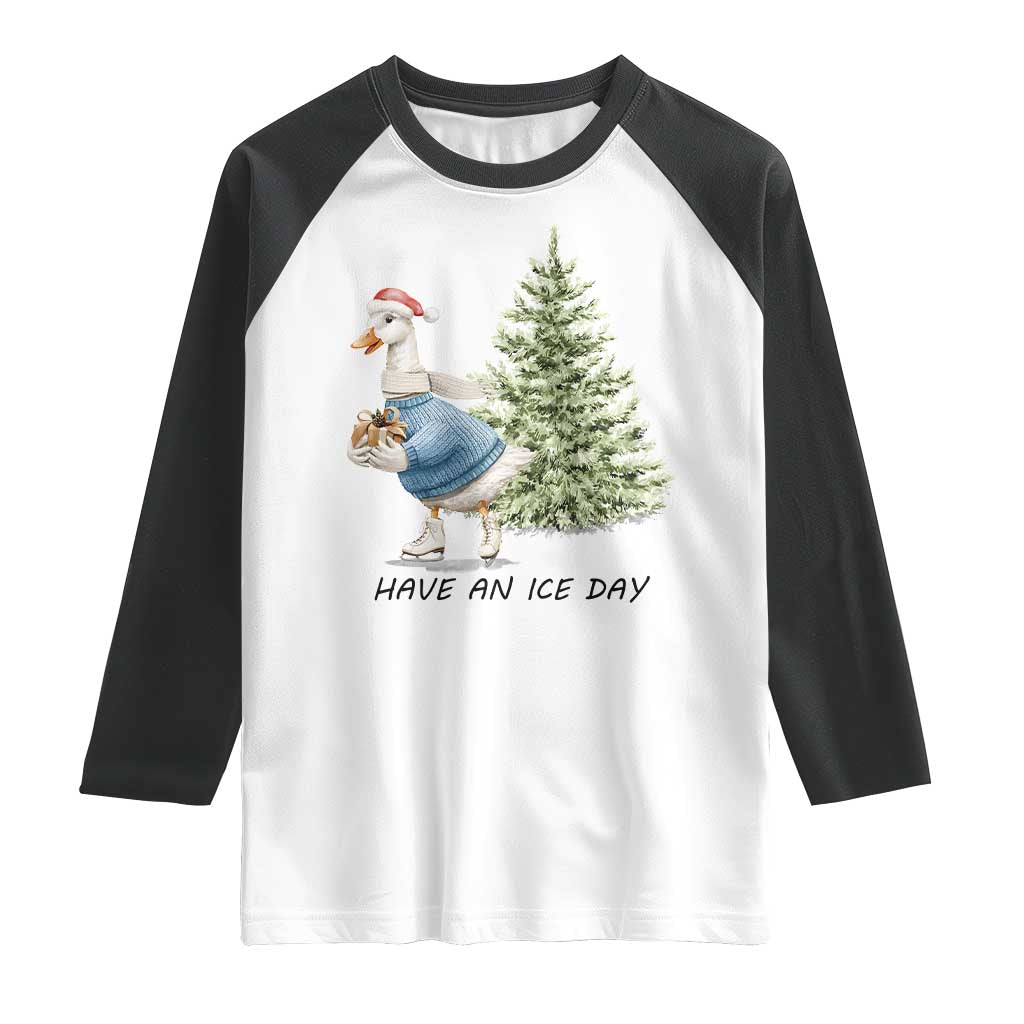Funny Christmas Ice Skating Raglan Shirt Have An Ice Day Goose Xmas Tree - Wonder Print Shop