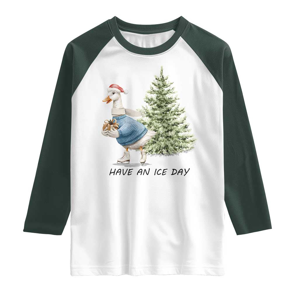 Funny Christmas Ice Skating Raglan Shirt Have An Ice Day Goose Xmas Tree - Wonder Print Shop
