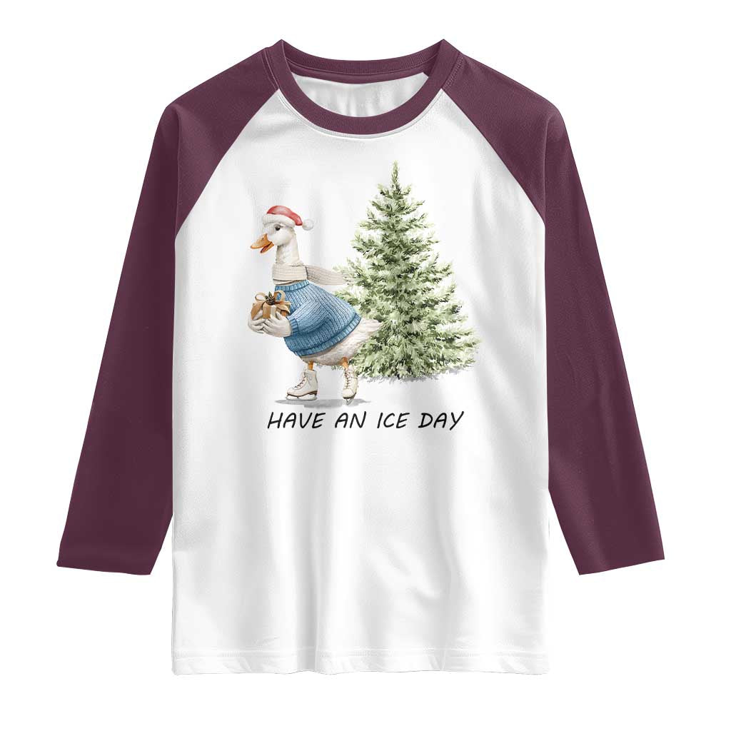 Funny Christmas Ice Skating Raglan Shirt Have An Ice Day Goose Xmas Tree - Wonder Print Shop