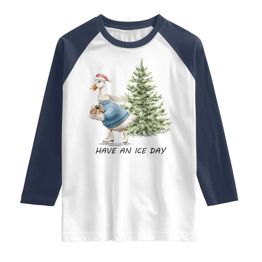 Funny Christmas Ice Skating Raglan Shirt Have An Ice Day Goose Xmas Tree - Wonder Print Shop