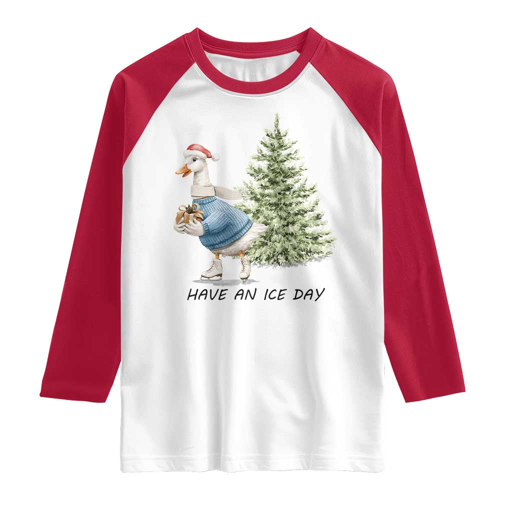 Funny Christmas Ice Skating Raglan Shirt Have An Ice Day Goose Xmas Tree - Wonder Print Shop