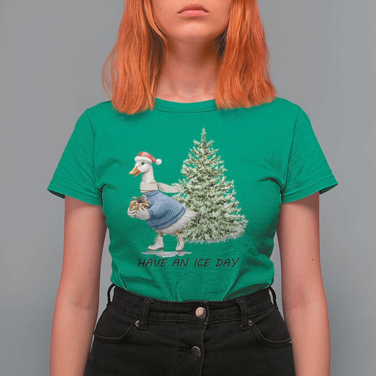 Funny Christmas Ice Skating T Shirt For Women Have An Ice Day Goose Xmas Tree - Wonder Print Shop