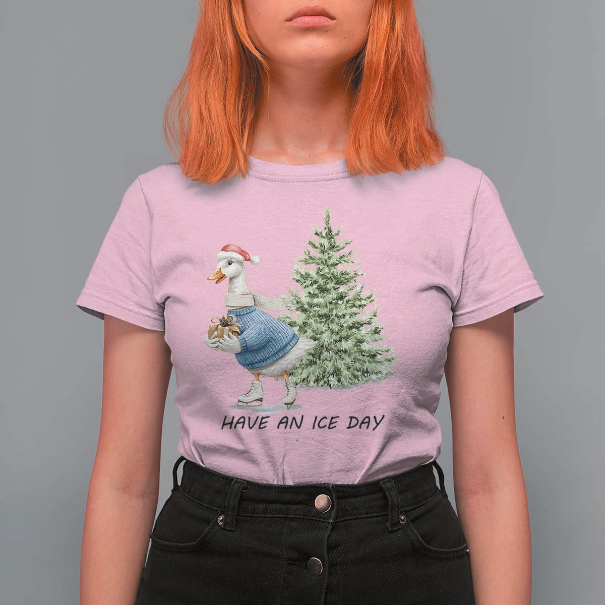 Funny Christmas Ice Skating T Shirt For Women Have An Ice Day Goose Xmas Tree - Wonder Print Shop