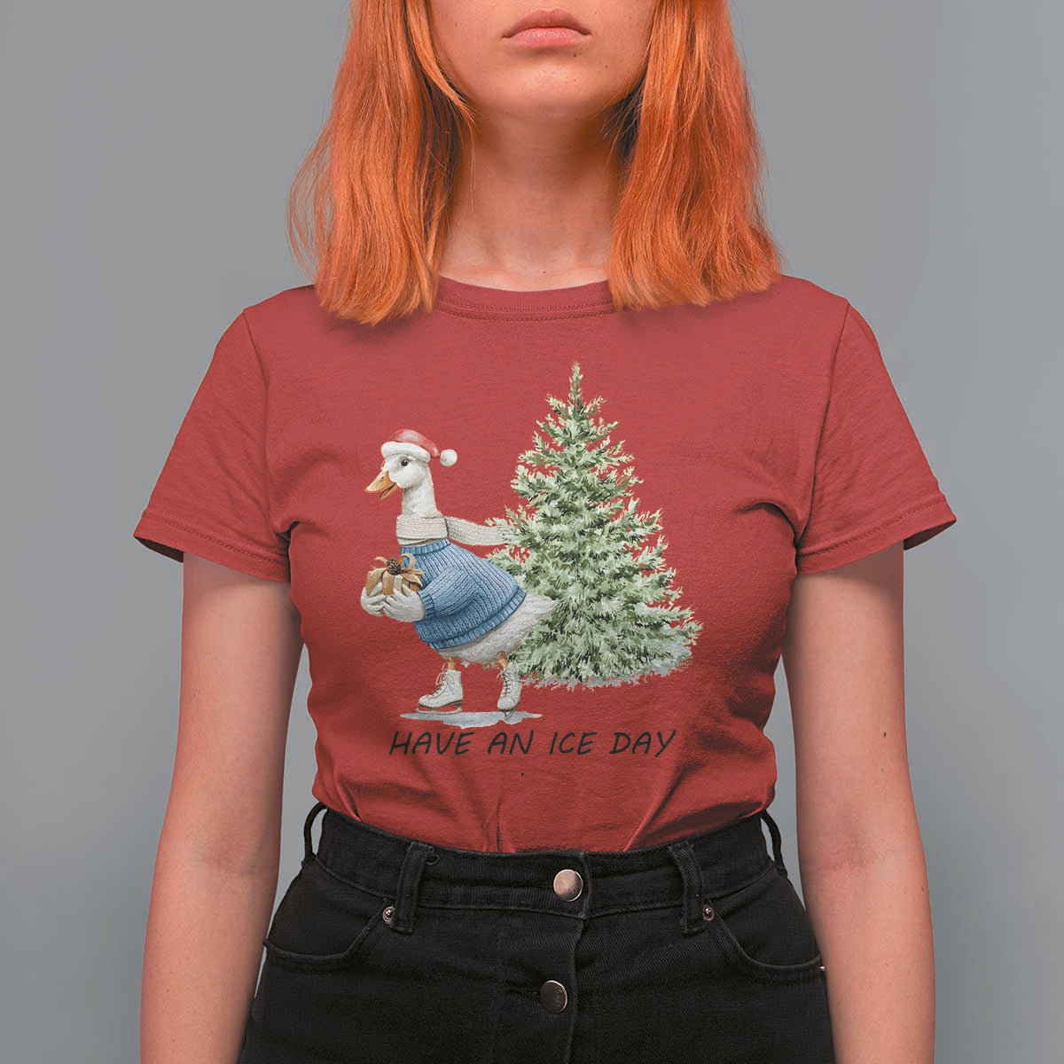 Funny Christmas Ice Skating T Shirt For Women Have An Ice Day Goose Xmas Tree - Wonder Print Shop