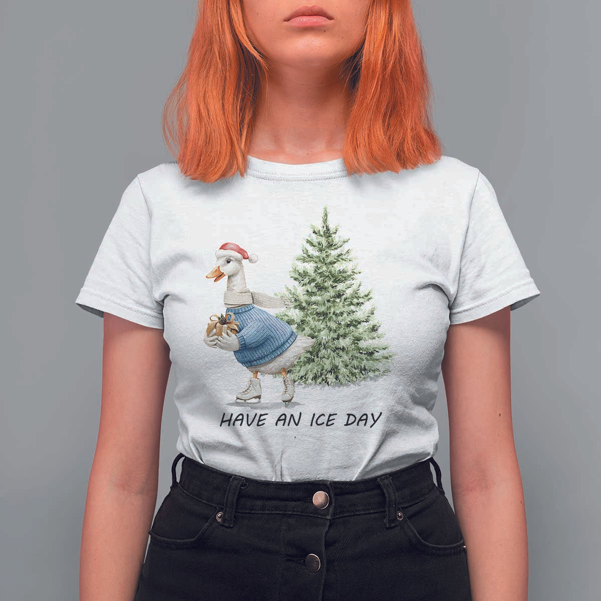 Funny Christmas Ice Skating T Shirt For Women Have An Ice Day Goose Xmas Tree - Wonder Print Shop