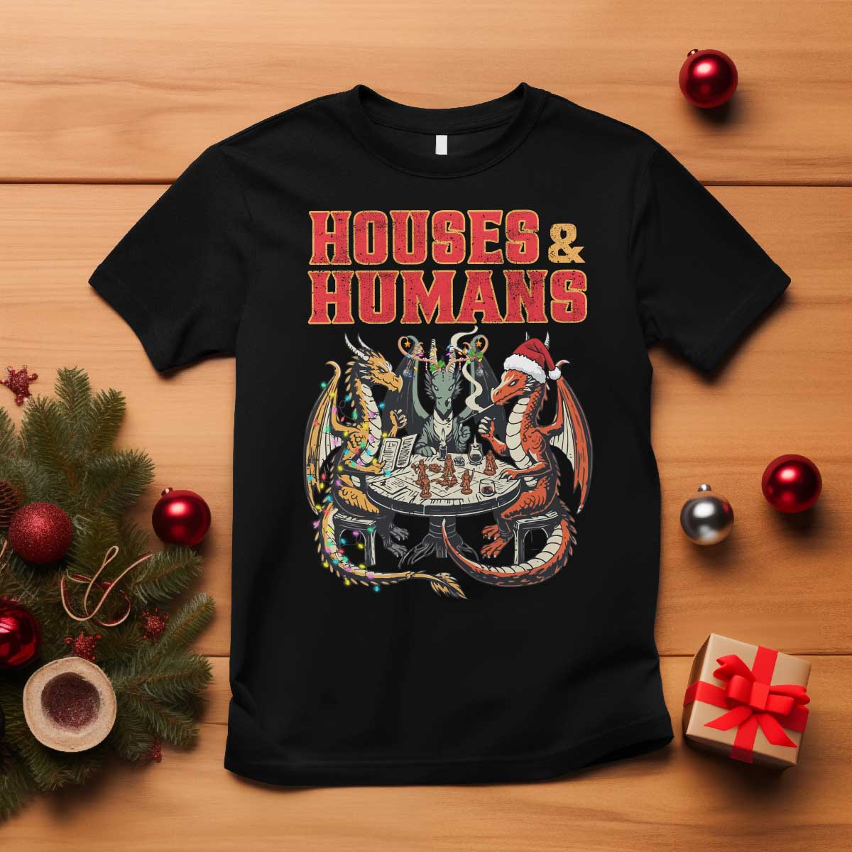 Funny Rpg Christmas Game T Shirt Houses And Humans Tabletop Game Xmas Dragon - Wonder Print Shop