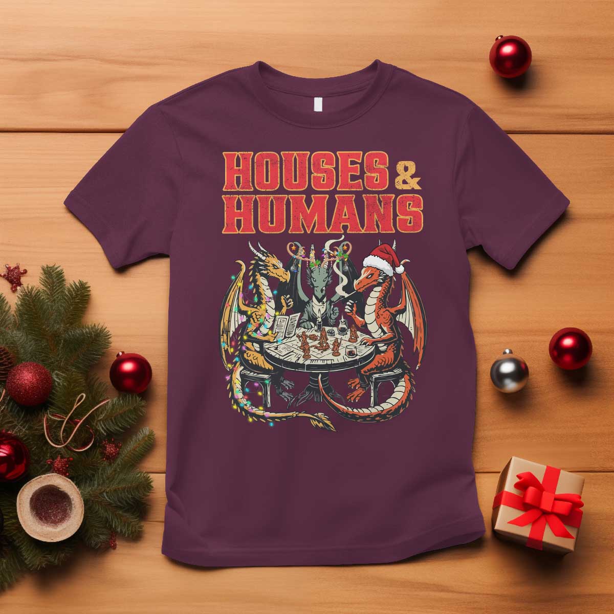 Funny Rpg Christmas Game T Shirt Houses And Humans Tabletop Game Xmas Dragon - Wonder Print Shop
