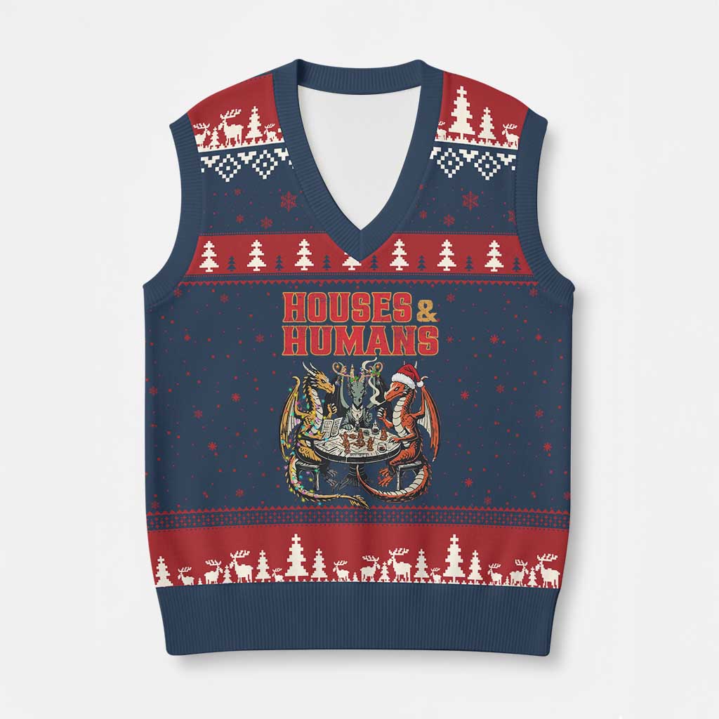 Funny Rpg Xmas Game V-Neck Knit Sweater Vest Houses And Humans Tabletop Game Xmas Dragon - Wonder Print Shop