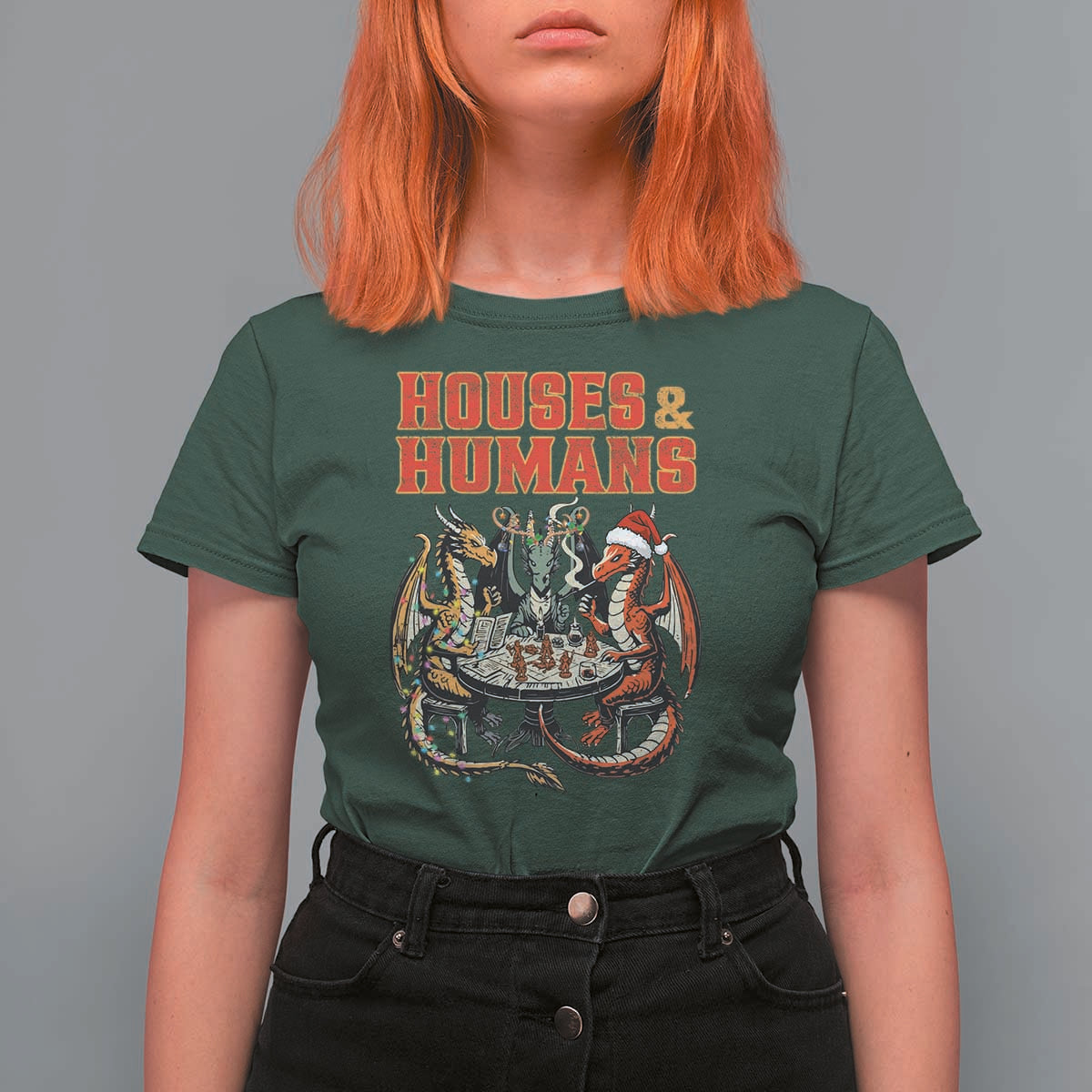 Funny Rpg Christmas Game T Shirt For Women Houses And Humans Tabletop Game Xmas Dragon - Wonder Print Shop