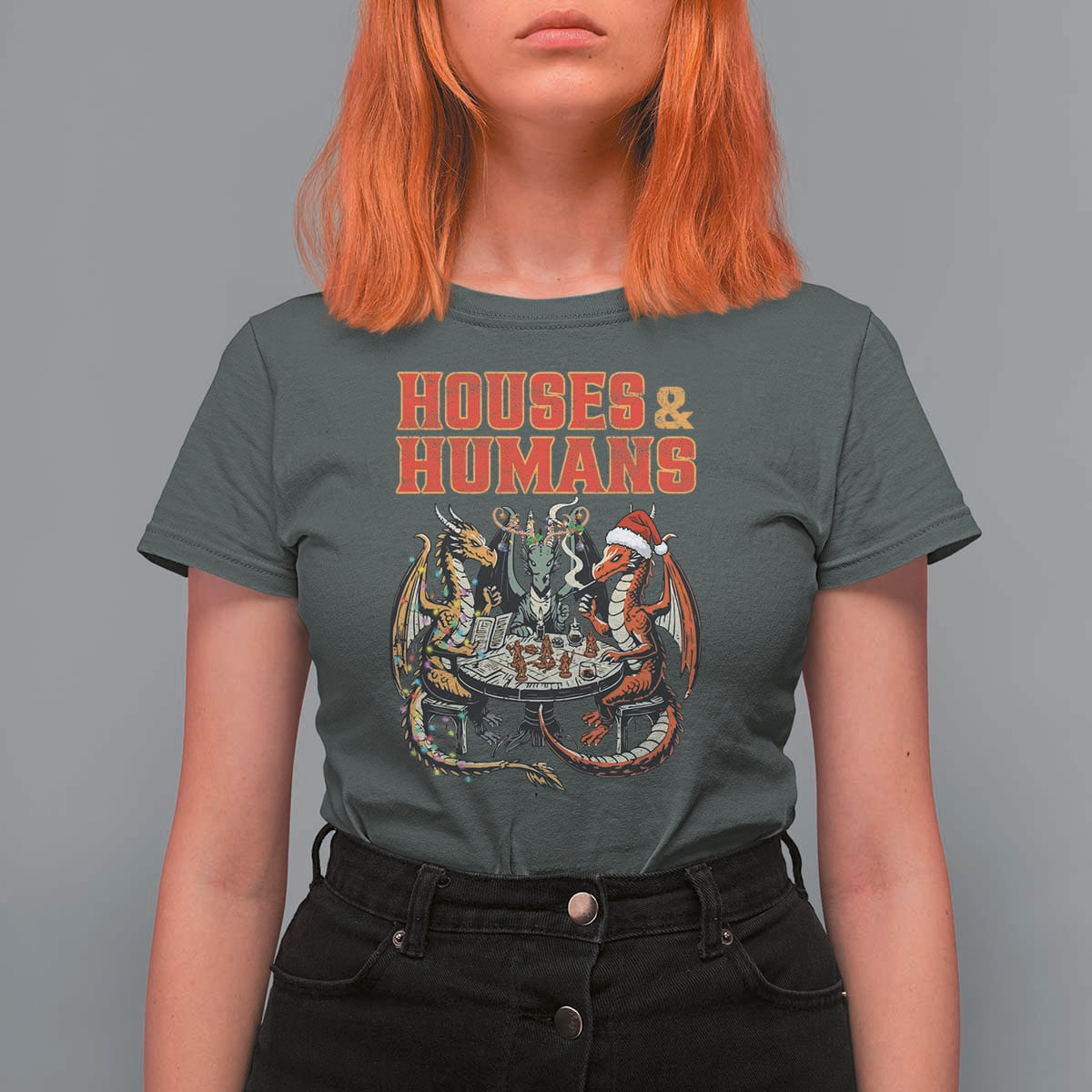 Funny Rpg Christmas Game T Shirt For Women Houses And Humans Tabletop Game Xmas Dragon - Wonder Print Shop