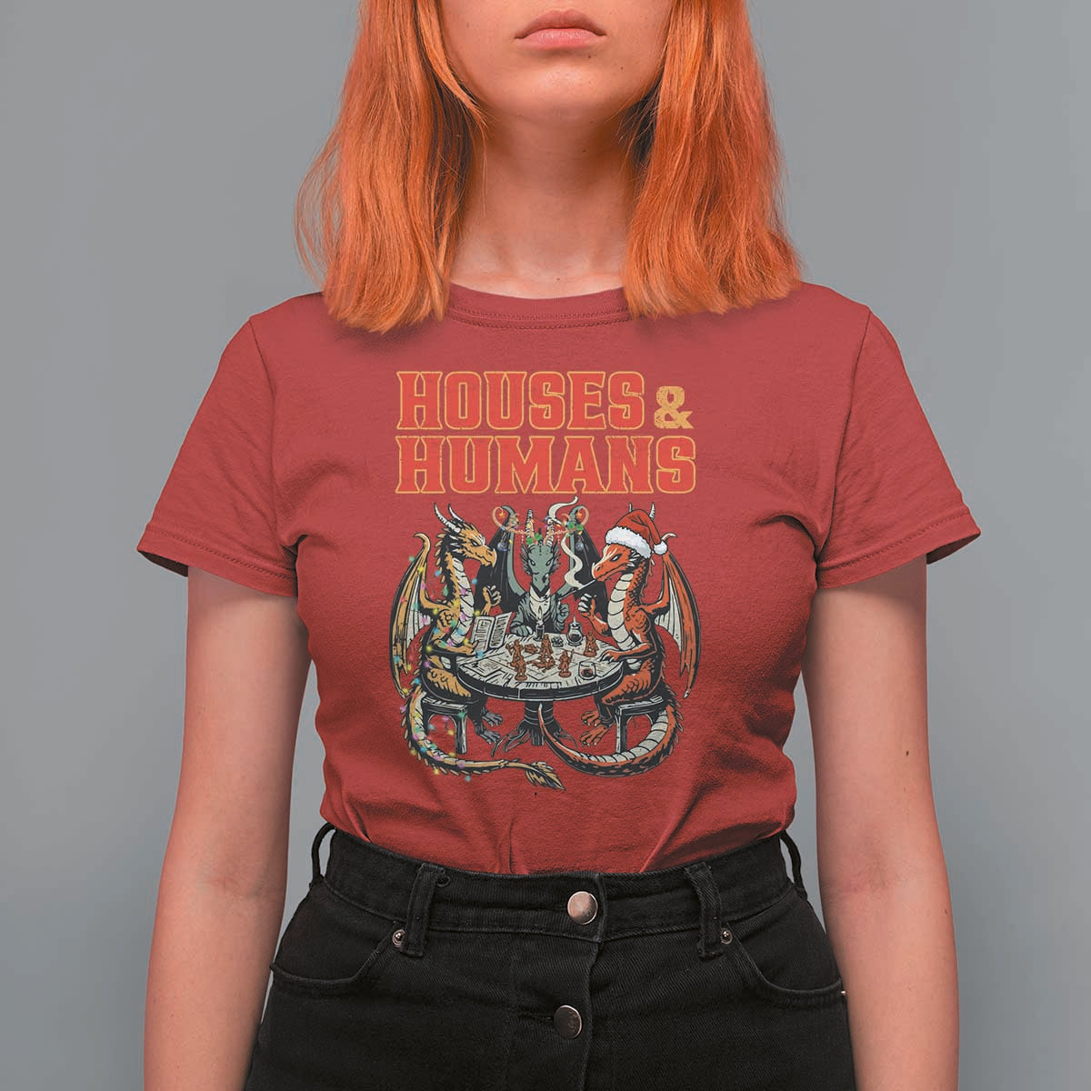 Funny Rpg Christmas Game T Shirt For Women Houses And Humans Tabletop Game Xmas Dragon - Wonder Print Shop