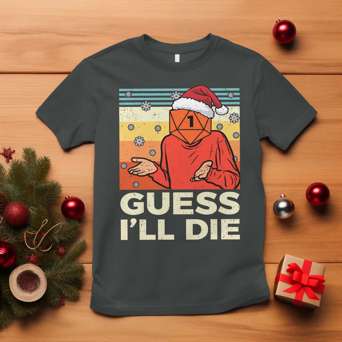 Funny Christmas Rpg Gamer T Shirt Guess l Will Die Retro Dice Santa Hat - Wonder Print Shop