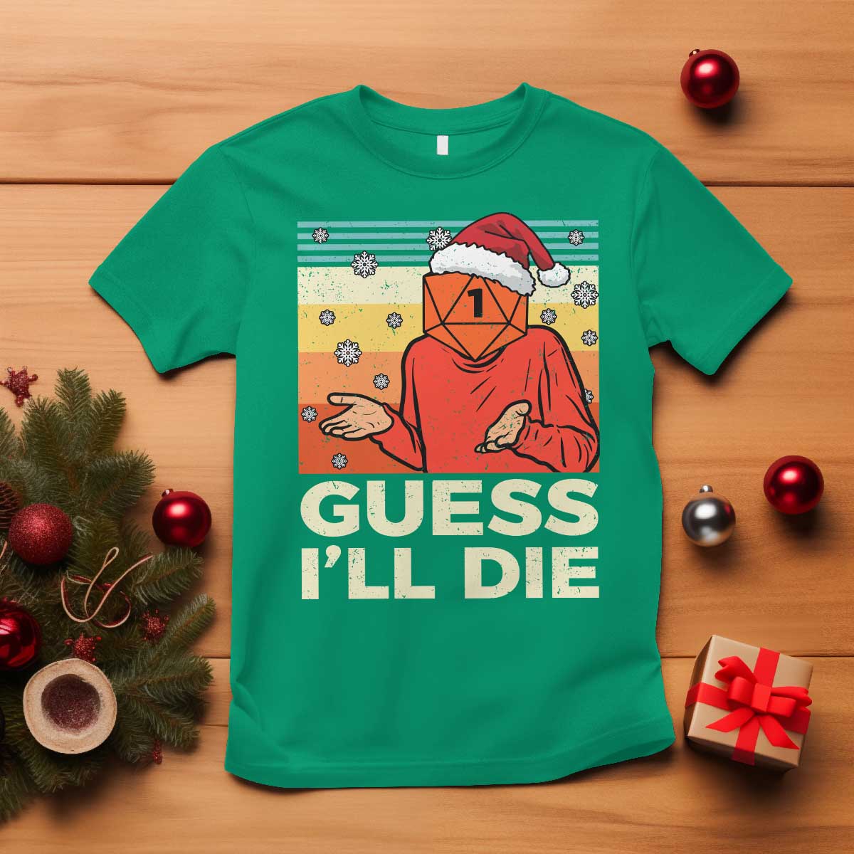 Funny Christmas Rpg Gamer T Shirt Guess l Will Die Retro Dice Santa Hat - Wonder Print Shop