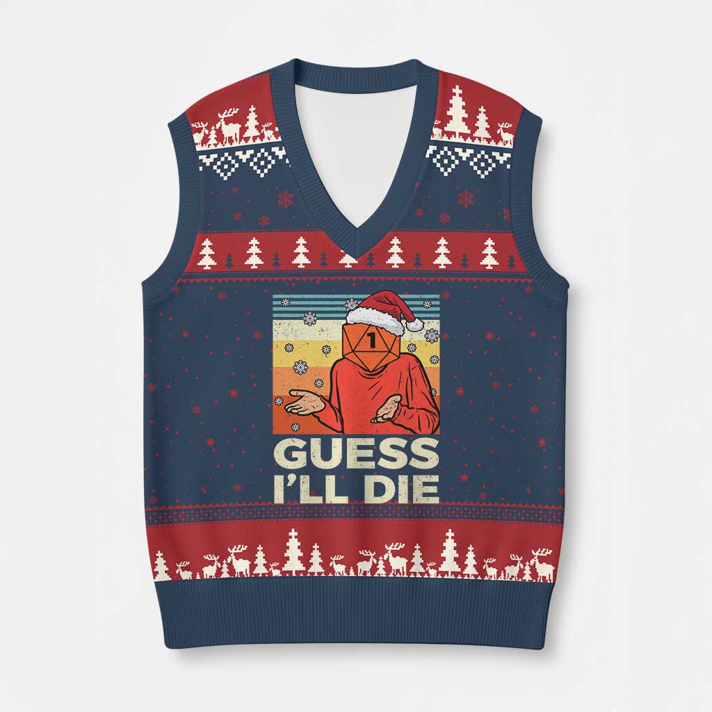 Funny Xmas Rpg Gamer V-Neck Knit Sweater Vest Guess l Will Die Retro Dice Santa Hat - Wonder Print Shop