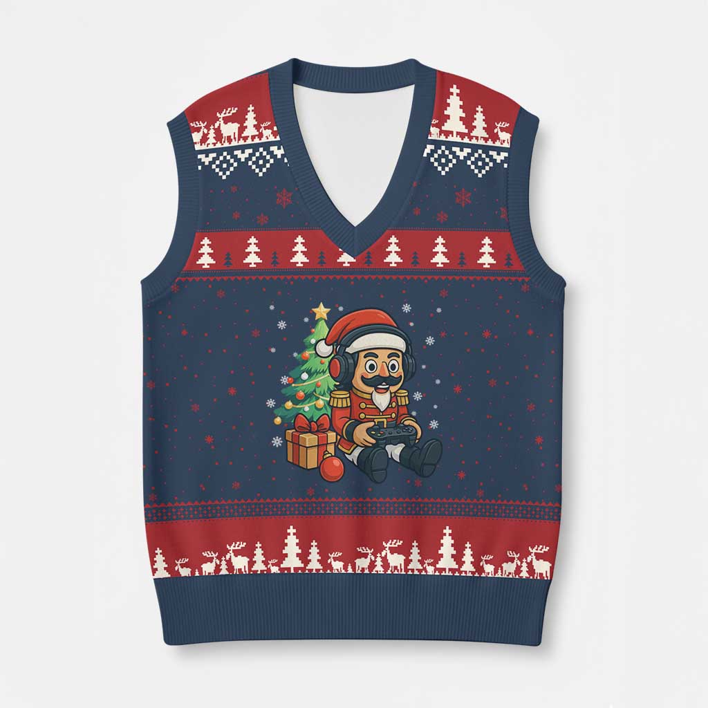 Funny Xmas Video Game Nutcracker Xmas Tree Gamer V-Neck Knit Sweater Vest - Wonder Print Shop