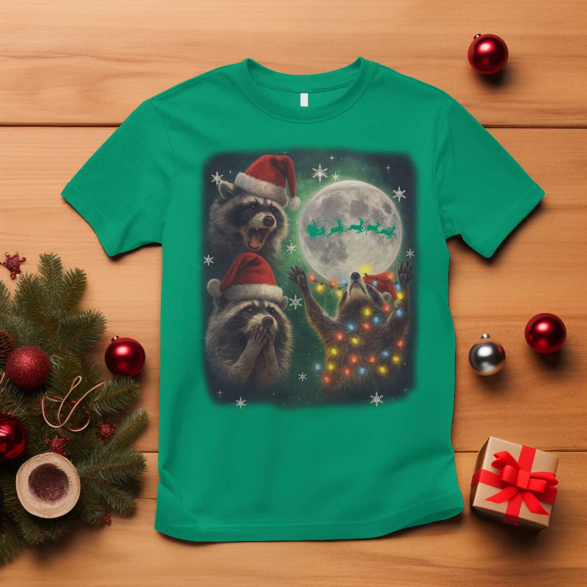 Funny Three Raccoons With The Moon Christmas T Shirt Santa Sleigh - Wonder Print Shop