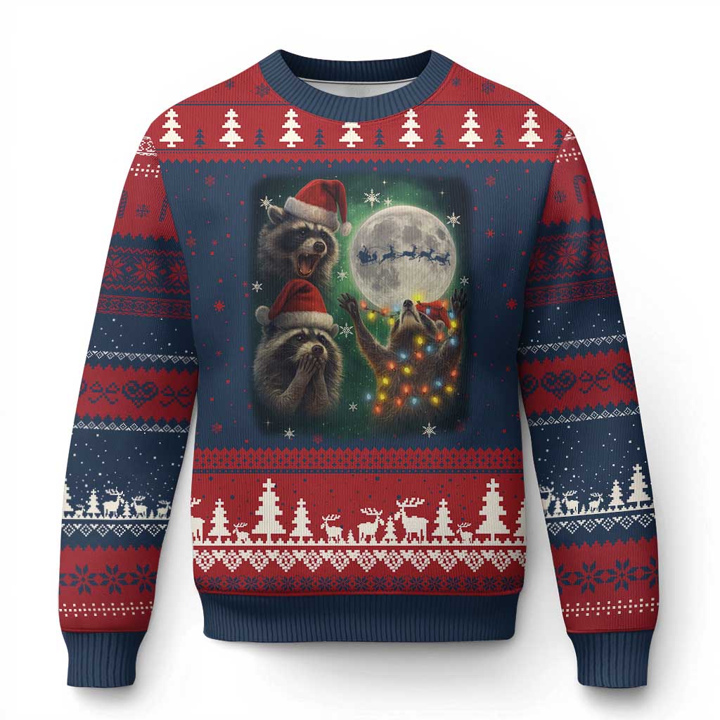 Funny Three Raccoons With The Moon Xmas Ugly Christmas Sweater Santa Sleigh - Wonder Print Shop