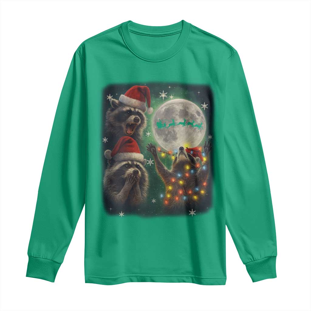 Funny Three Raccoons With The Moon Christmas Long Sleeve Shirt Santa Sleigh - Wonder Print Shop